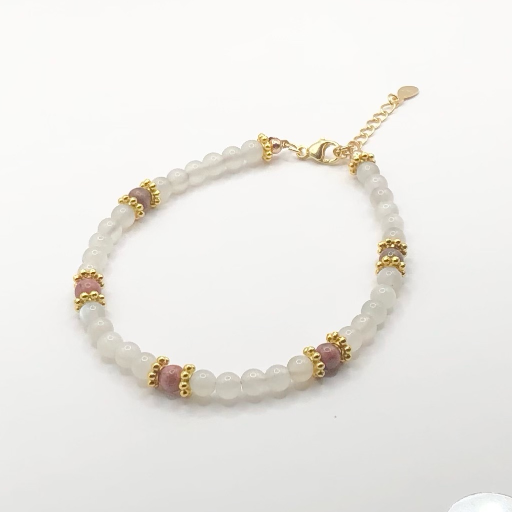 Tiny Moonstone Gemstone Bracelet, White, Pink & Gold